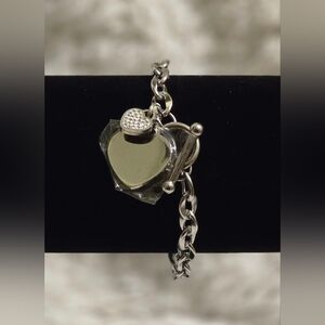 Stainless Steel 18k‎ White Gold Overlay 2 Heart Charm Toggle Bracelet 7" NWT
